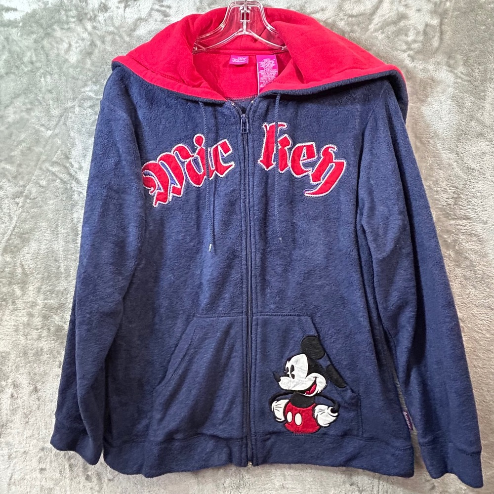 Mickey Mouse Disney Hoodie Large Navy Blue Fleece Full Zip Split Hood Retro 28
